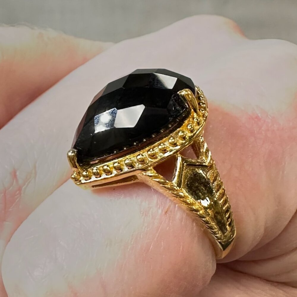 Sterling Vermeil Ring with Faceted Black Stone size 6.5-7